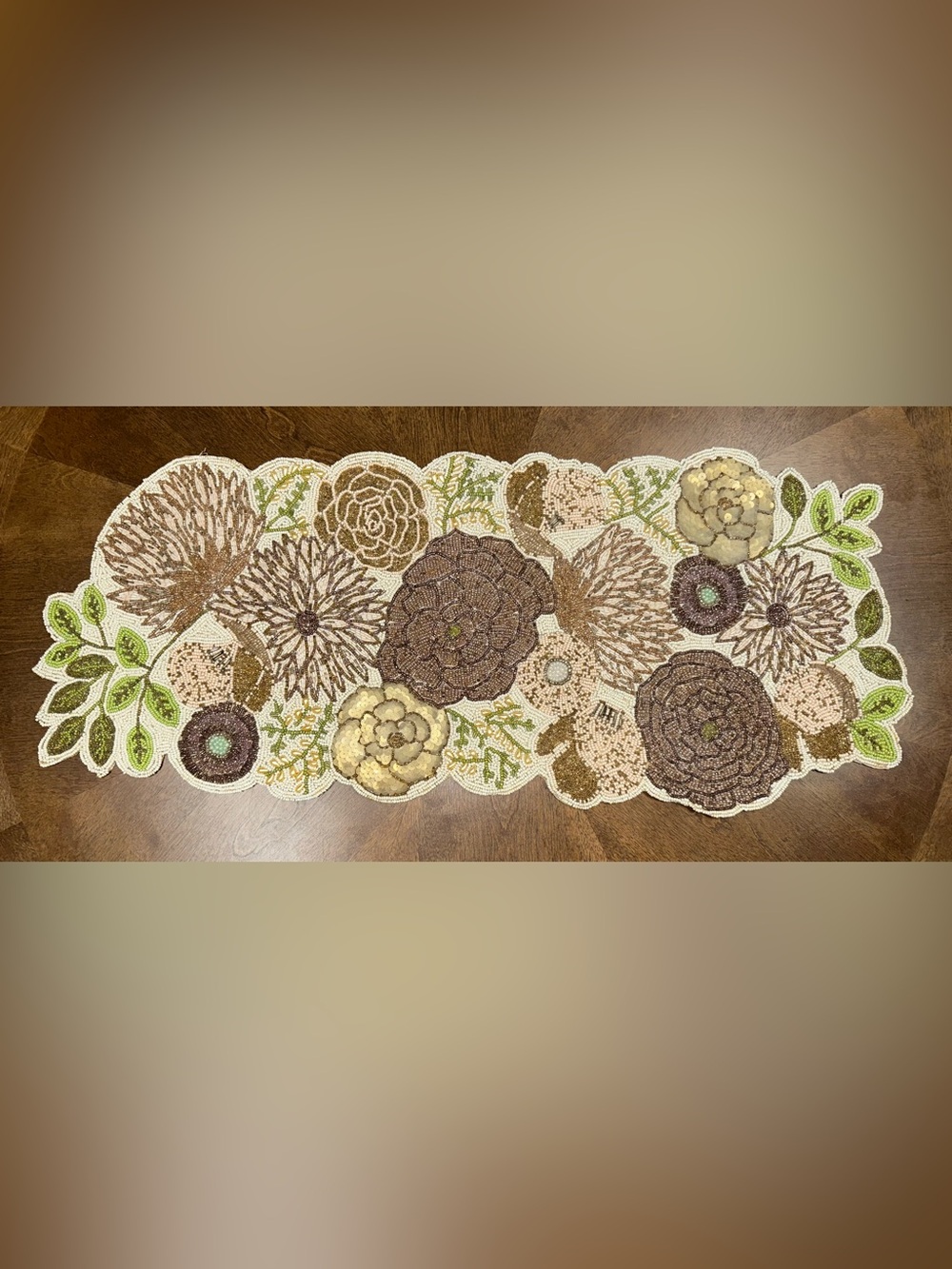 Pier One Imports Spring Floral Beaded Table Runner Gold Bronze Green Beige NICE!